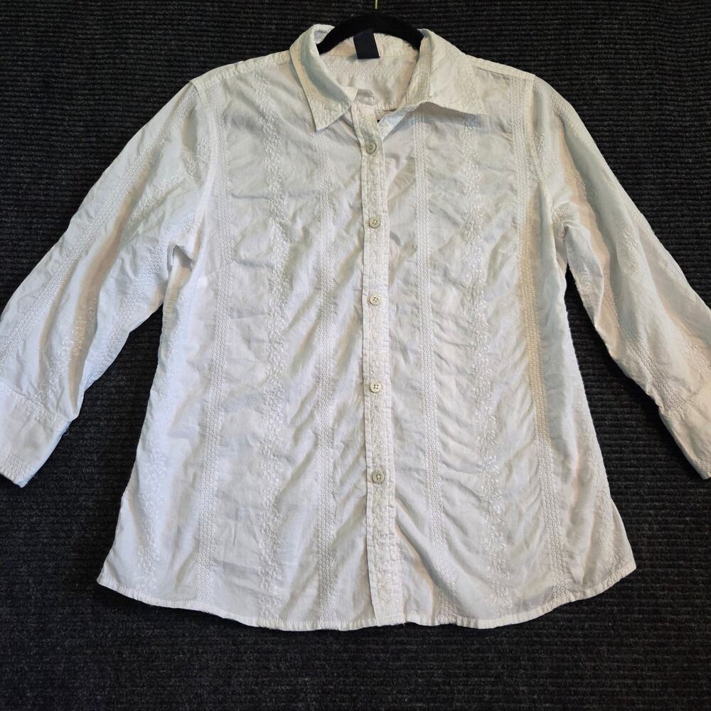 Gap Women's Sz 10 White Embroidered Cotton Button Down Shirt 3/4 Sleeve Boho